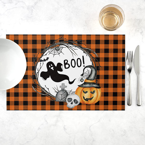 Halloween Boo -paikka-alustat, 6 kpl, Kurpitsa Noitahattu Puuvilla Pellava Tahran Kestävä Pöytä Alusta Pestävä Alusta Koriste