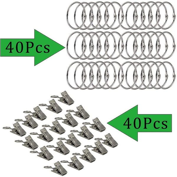 Gardinskinner, 40 stk. Gardinskinne med Klips, Dekorative Metal Gardinklips Sæt 40mm Indvendig Diameter Sølv, Rustfri, Nemt Åbne Klipsringe