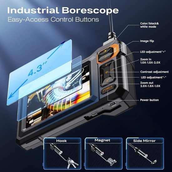 Inspection Camera with Screen – 5 Meter Cable – 4.3-inch LCD Screen with Illumination – 180-Degree Rotation – Waterproof – Waterproof Pipe Endoscope