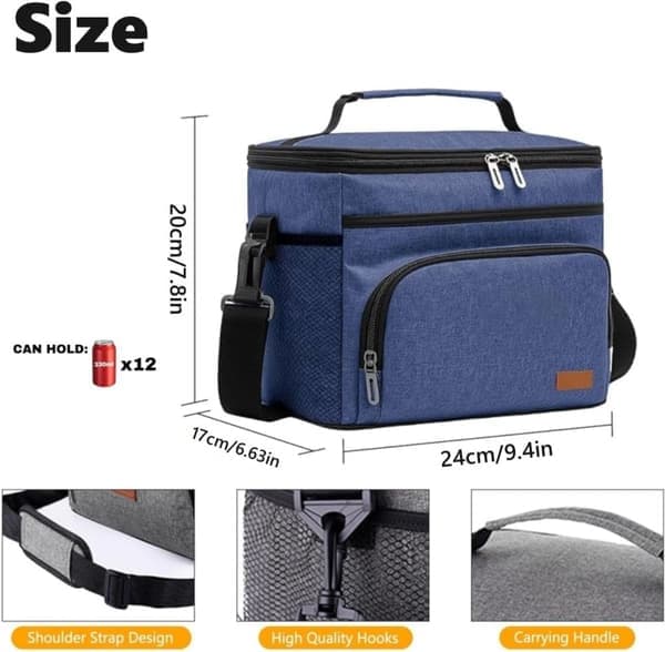 Insulated Lunch Bag with Adjustable Shoulder Strap – Cooler Bag for Work, Office, Picnic, Hiking, and Beach