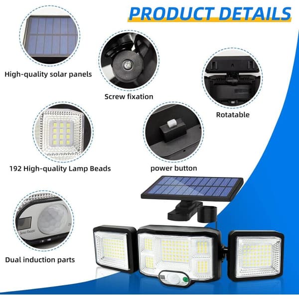 Solar Outdoor Wall Light, 3-Head LED Fixture with 192 LEDs, Motion Sensor, Security Floodlight, IP65 Rated