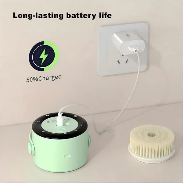 Electric Shower Brush - Rechargeable Long Handle Back Scrubber with 5 Replaceable Heads and LCD Display for Exfoliation and Massage