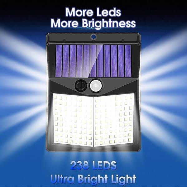 Utendørs solcellelamper, 238 LED solcellelamper med bevegelsessensor og 3 moduser, 270° vidvinkel, IP65 vanntett solcellevegglampe