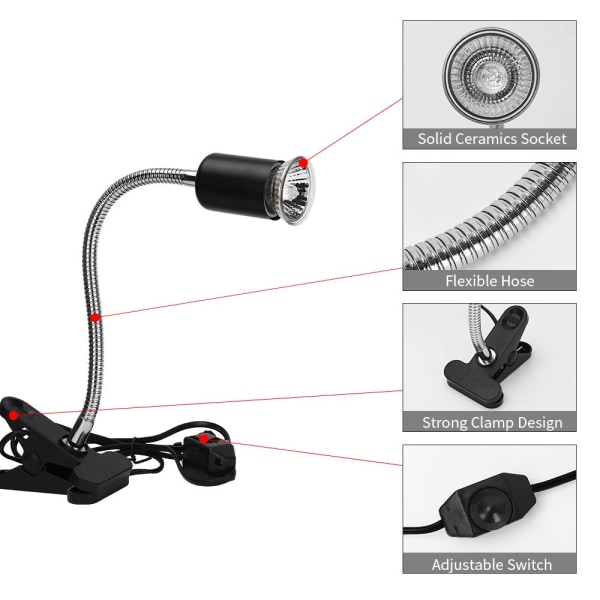 Paket med 2 st 1* UVA UVB 50W lampor + 1* lampkropp, Reptillampa Uppvärmd Landsköldpadda Lampa med Lång Bas 360° Rotation för Reptiler