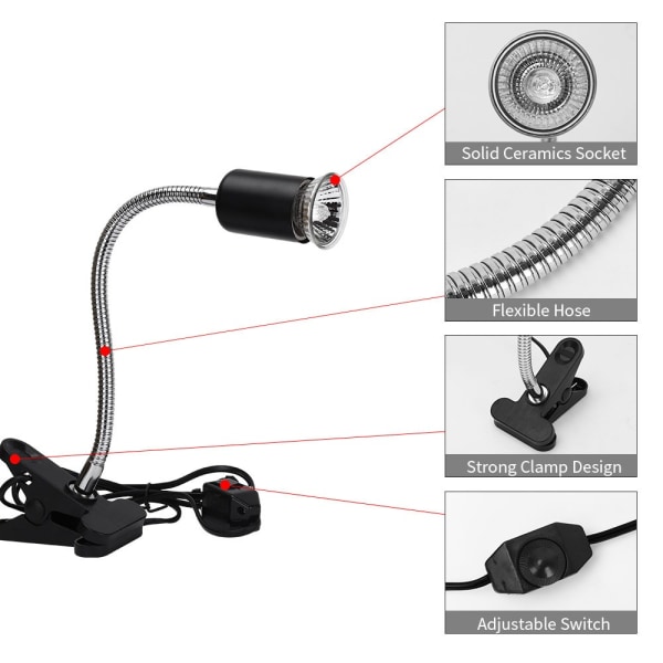 Pakke med 2 1* UVA UVB 75W pærer + 1* lampehus, Reptillampe Oppvarmet terrestrisk skilpaddelampe med lang sokkel 360° rotasjon for reptil