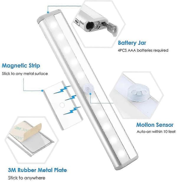Rörelsesensor Ljusramp, (10 LED, 3-pack) Trådlös Garderobslampa