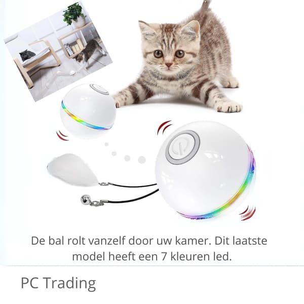 Smart White Interactive Self-Rolling Cat Ball - 7 LEDs, includes USB cable, feather, bell