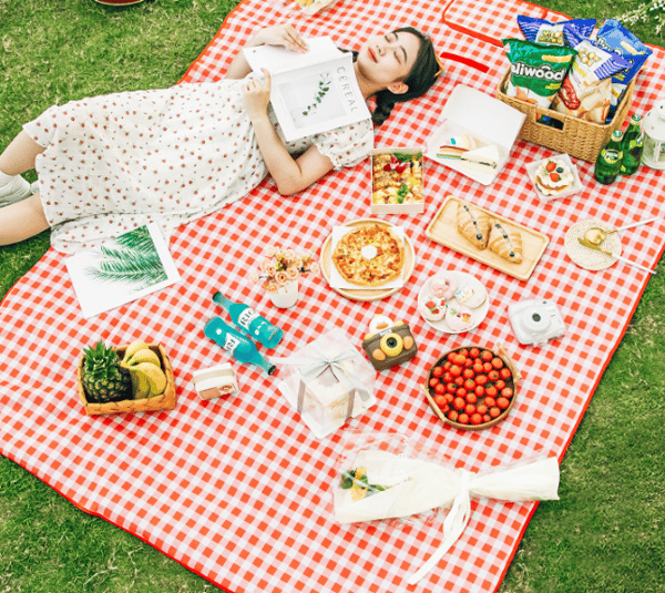 (Rød og hvidternet) 200*150cm picnictæppe, foldbart picnictæppe