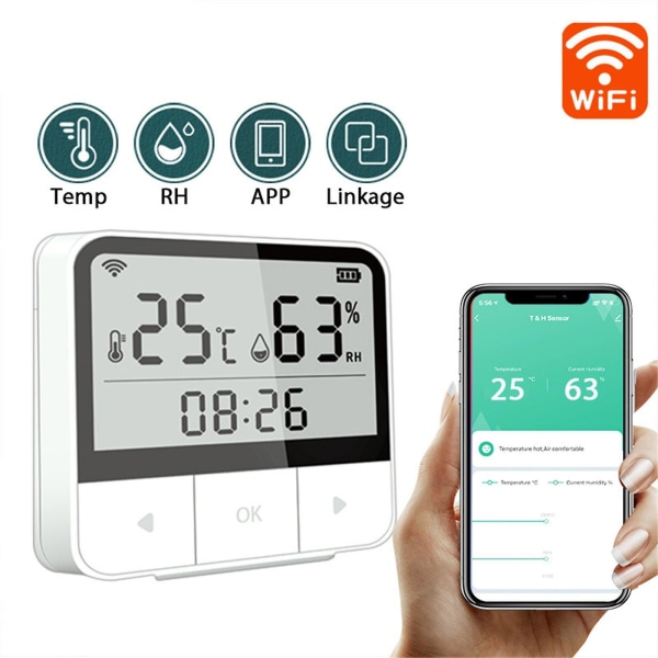 Tuya Smart Wifi Trådløs Kobling Temperatur- og Fuktighetsensor Smart Hjem med Tid og Datovisning White