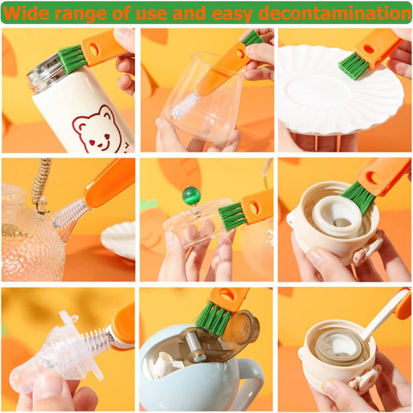 3 i 1 lille rengøringsbørste, mini-multifunktionel spalte-detalje-børste-rengøringsværktøj til vand ammeflaske-kopdæksel (3 stk, orange+hvid+grå)