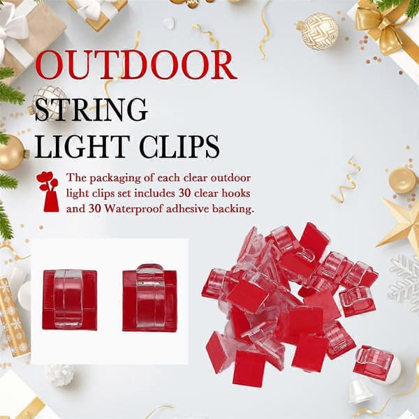 Outdoor String Light Clips Hooks 30 Pack Clear Light Hooks with 30 Waterproof Adhesive Backings