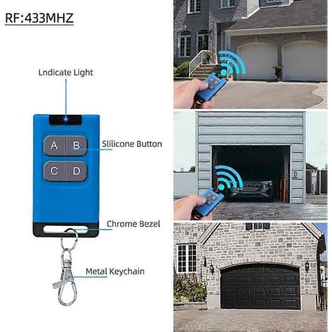 Duplicate 433 MHz remote control, 50 meter range, for electric garage door opener (blue).