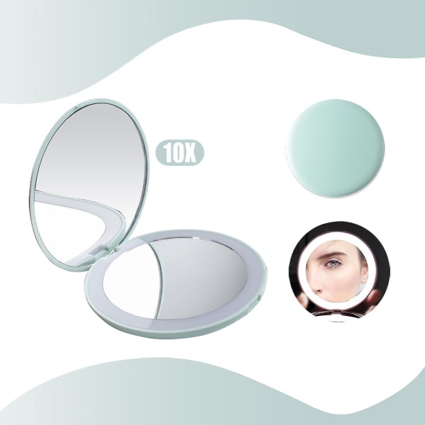 Led-meikkipeilit 10x suurennuksella kannettavat kosmeettiset peilit, kaksikokoiset minitaitettavat peilit TravelGreenille Green