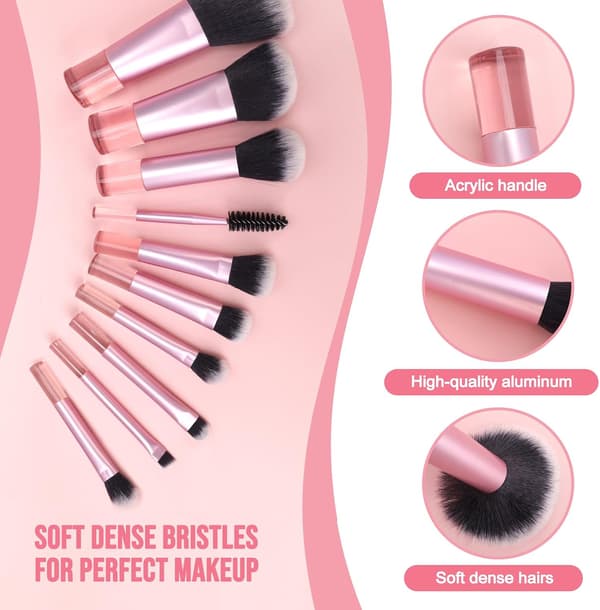 Travel Makeup Brush Set, 10 Mini Brushes with PU Case, Portable Brush Kit, Pink