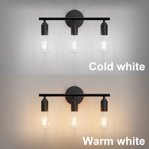 Retro Svart Badrumsspegel med 3 Ljus, Industriell Stil Badrumsspegel, Retro Vägglampa 40cm, Glödlampa Ingår Inte