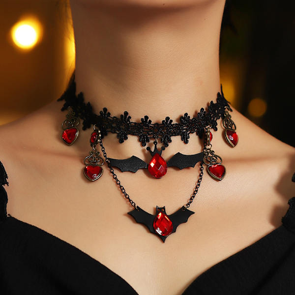 Halloween Tema Halskæde Sort Blonder Gothic Choker Halskæde Græskar Spøgelse Vedhæng Lang Lagdelt Halskæde Bat Vedhæng Halskæde