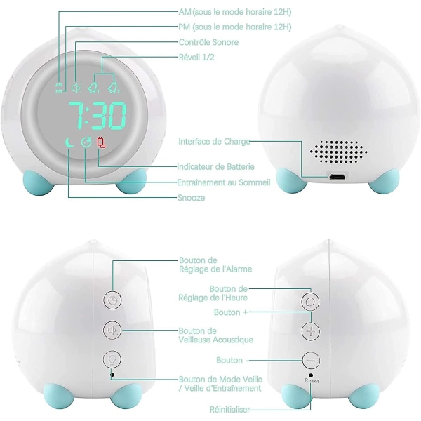 Lystett vekkerklokke for barn LED digital nattlys Smart USB musikk kalender jente gutt babygave dyrke å sove vekkerklokke hvit