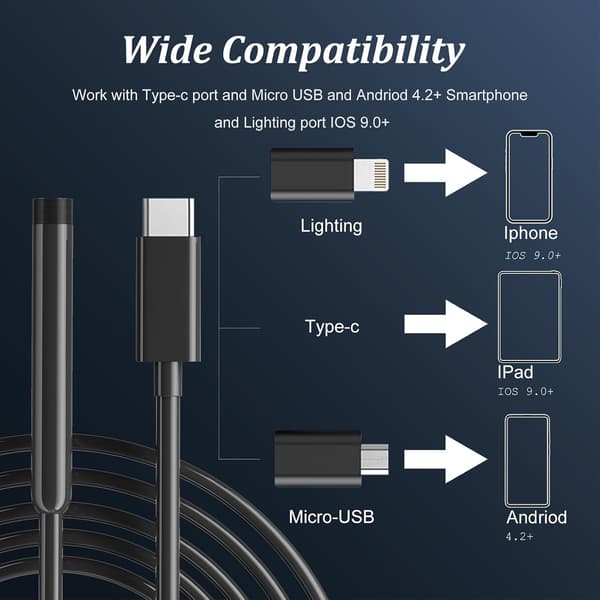 Endoscope Camera with Light, 1920P HD Endoscope, 5 Meter Semi-Rigid Snake Cable, Compatible with Android, iPhone, iPad