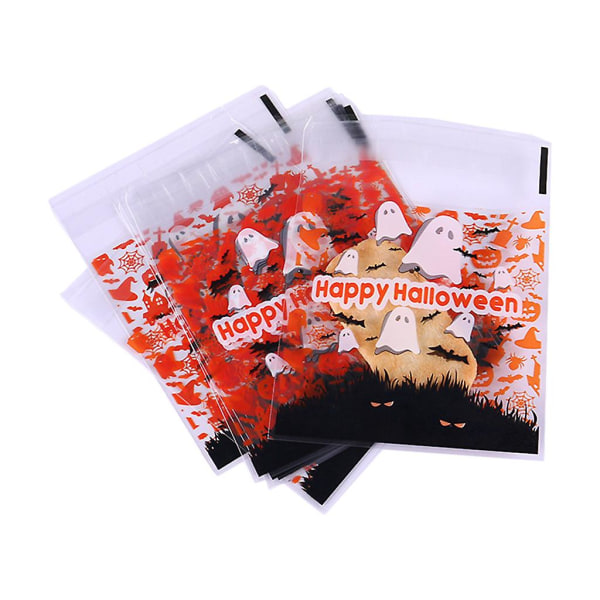 100 st Halloween godiskakapåsar Självhäftande tecknade pumpahäxa print Klart mellanmålspapper SnackpåsarSju spöken