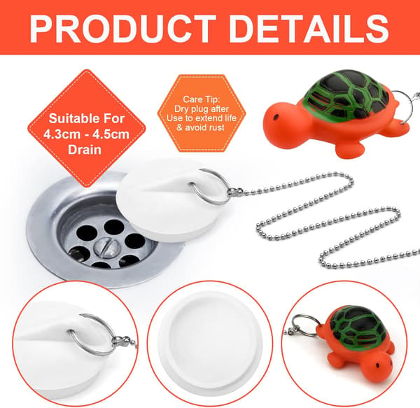 Turtle with chain rubber bathtub plug, 38mm universal bathtub co