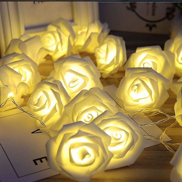Batteridrivna ljusslingor för inomhusbruk med LED-ljus - Vita rosor med varmt ljus - Perfekt heminredning för sovrum, fest, evenemang, varmvit, 9.