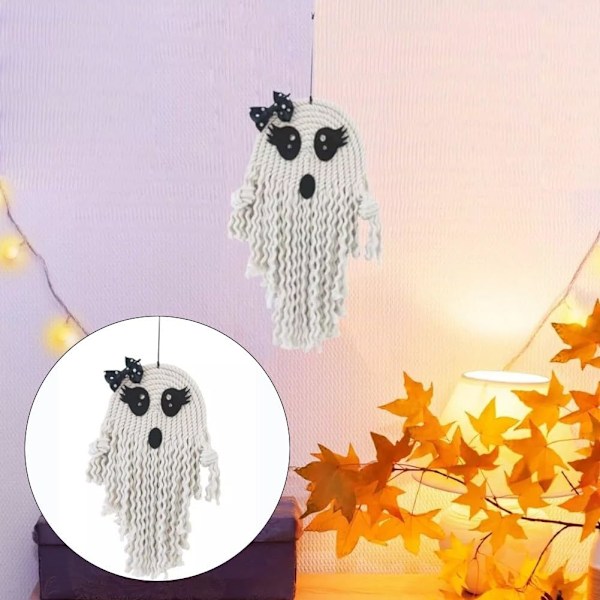 Sööt kummitus kudottu koriste, seinälle kudottu riipus Halloween sööt kummitus - seinävaate sisätilojen kausivaihtelun kuvausrekvisiitta