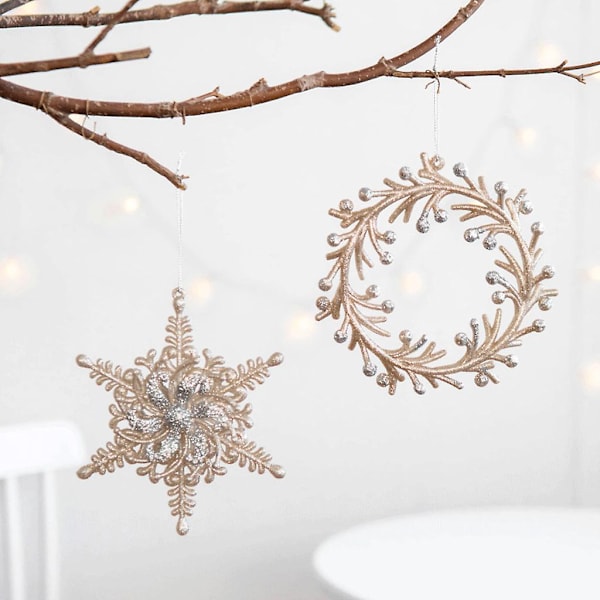 Julepynt i plast med glitter - snøfnugg, tre, engel, krans, vinterdekorasjon, løk