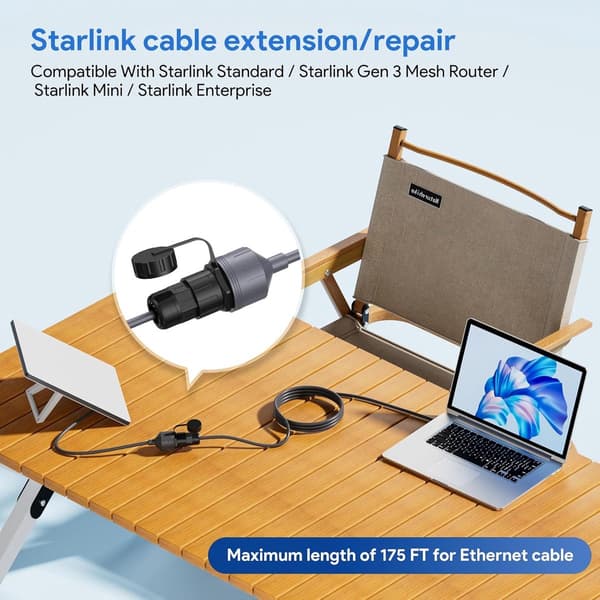 Ethernet-sovitin Starlink Gen 3 & Mini -laitteille – 0,5 m vedenpitävä kaapeli, RJ45, sisä-/ulkokäyttöön