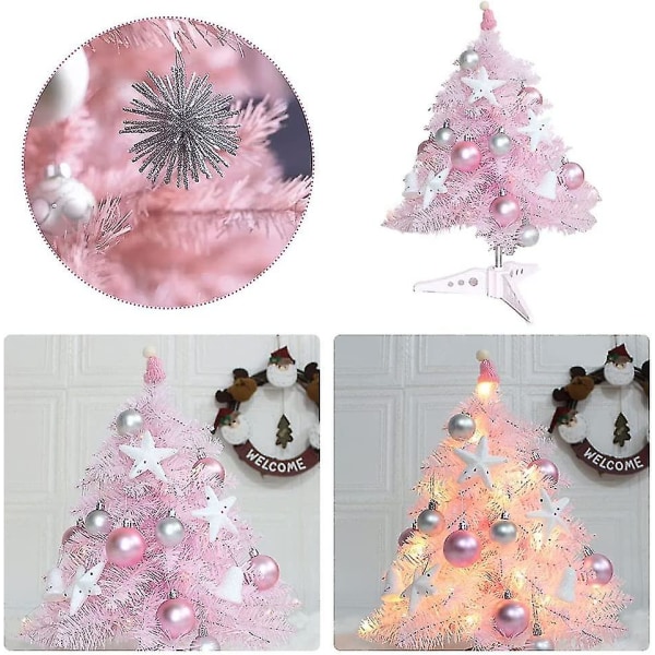 Lyserødt kunstigt juletræ med kugler og led lys, mini juletræ til julepynt, hjem, spisebord (45cm) (pink)