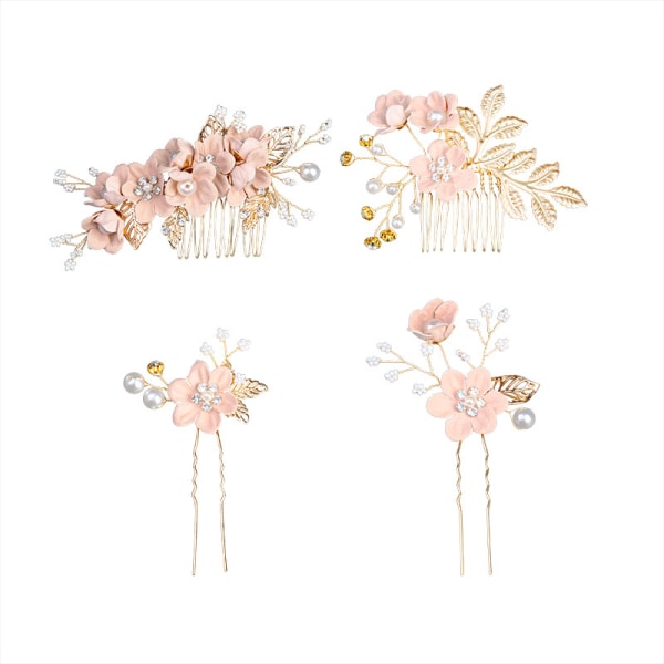 Blomsterkam for bryllup 4 stk. Krystall Bryllupshårkam Brudens Hårsidekam Rhinestone Brudens Hodeplagg for Kvinner og Jenter Rosa Farge