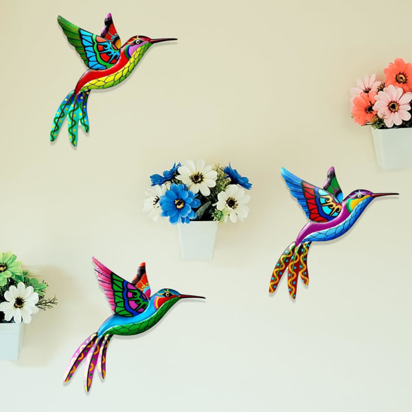 Metall Hummingbird Väggdekor, Set med 3 Metall Hummingbird Väggdekor, 3D smidesjärnskulptur för vardagsrum, trädgård, gräsmatta, Cl