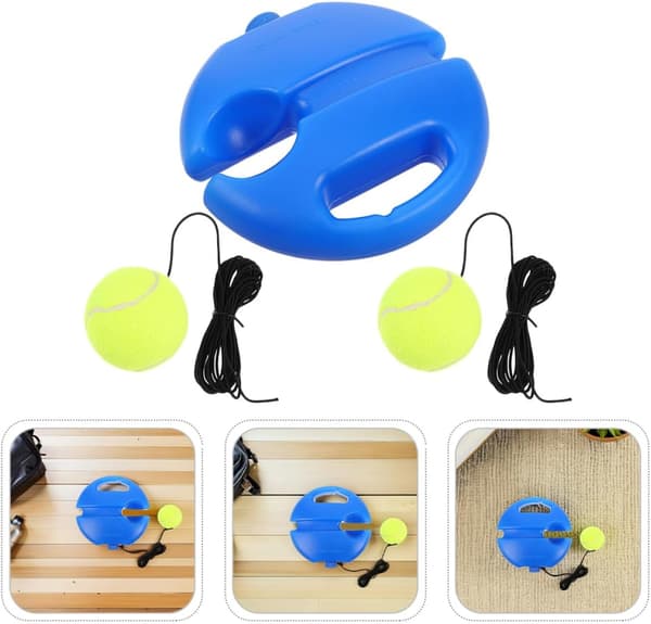 Tennis Trainer Rebounder Kit with Blue Round Base, 2 Elastic String Balls for Solo Practice
