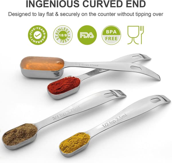 Måleskeer i rustfrit stål, ergonomisk sæt med 6 stk. til tørre og flydende ingredienser, smal form