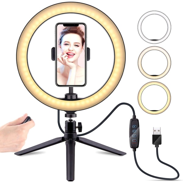 10" Selfie-ringljus med stativstativ, dimbar skrivbordslampa med kameraringljus med trådlös fjärrkontroll för livestream/smink/youtube-video
