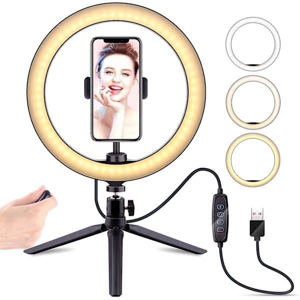 10\" Selfie Ringlys med Tripod Stativ, Dæmpbar Desktop LED Lampe Kamera Ringlys med Trådløs Fjernbetjening Lukker til Live Stream/makeup/youtube Video