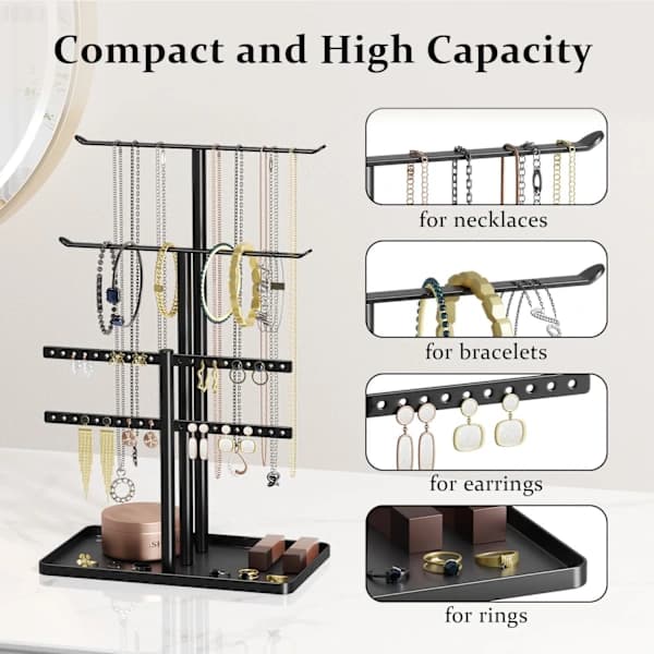 Smyckesställ, 32 cm högt, robust metall, 3-vånings smyckeshållare, vit