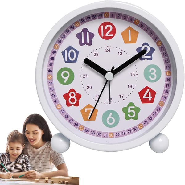 Cartoon Theme Children's Early Learning Alarm Clock, Silent Luminous Table Clock with Analog Hands, Quartz, White White White