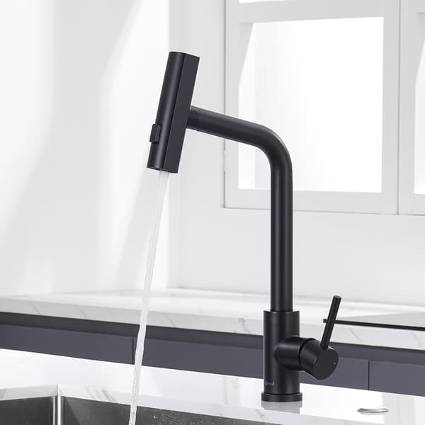 Black Kitchen Faucet with Waterfall, Kitchen Faucet with Pull-Out Spray 3 Modes, Retractable 360° Rotating Stainless Steel