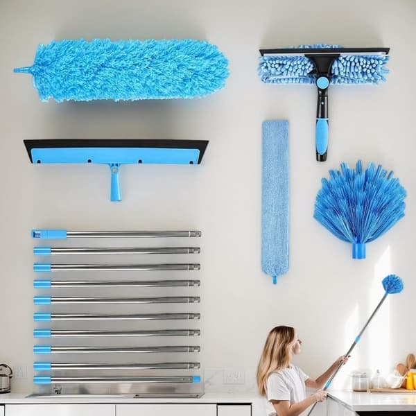 Telescopic Window Squeegee and Duster with Long Pole for High Windows, Ceilings, Furniture - Blue