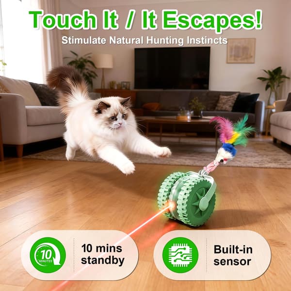 Red Dot Cat Indicator Toy - Rechargeable Electric Rolling Cat Toy, Automatic Start/Stop, Includes Various Tail Accessories