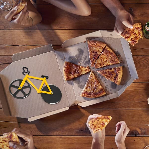 Icke-klibbig pizzakutter, cykelpizzakutter, pizzakutter med stativ, dubbel rostfritt stål, gul