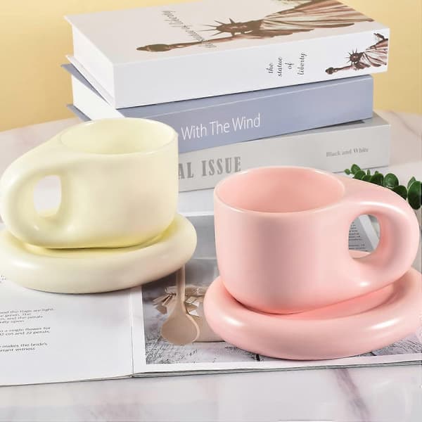 Ceramic Coffee Chubby Mug Tray Set, Creative Cute Thick Handle Cup with Saucer, Suitable for Office and Home, Dishwasher Safe, Latte Tea Milk (Pink)