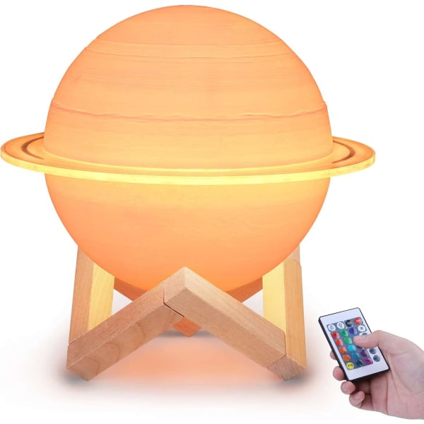 3D Saturn-lampa, 22CM 16 färger, 3D-utskrift Månlampa Nattljus med trästativ, USB uppladdningsbar Saturn RGB Touch Sovrum Liv