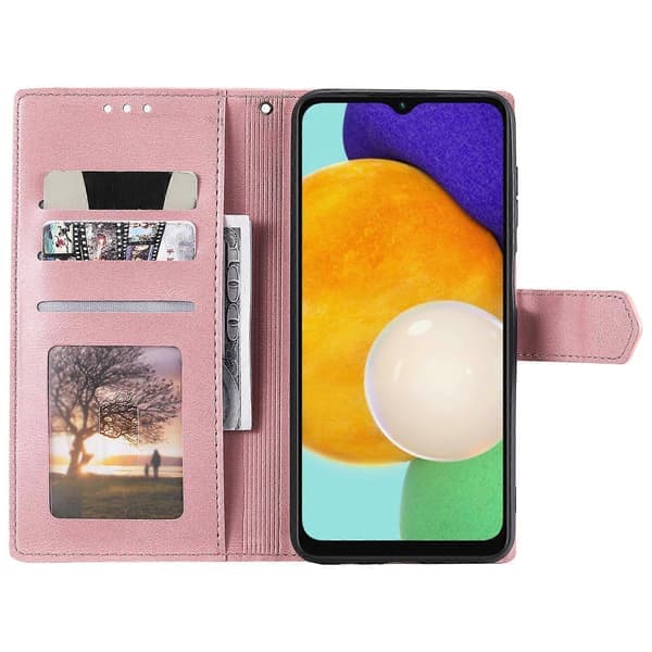 Case for Samsung Galaxy A17 5G Leather Case Splicing Stitching Wallet Case with Wrist Strap Rose Gold