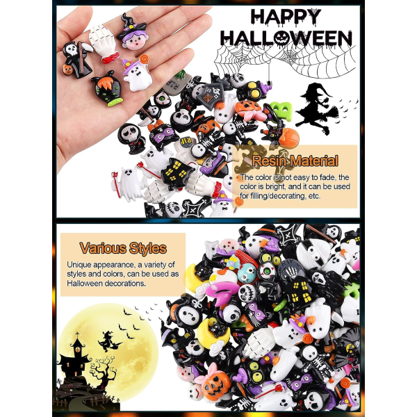 100 st Halloween Söta Halloween-berlocker Spöke Pumpa Hartspynt Kawaii Skalle Dekoration Miniatyrer för DIY-skrot