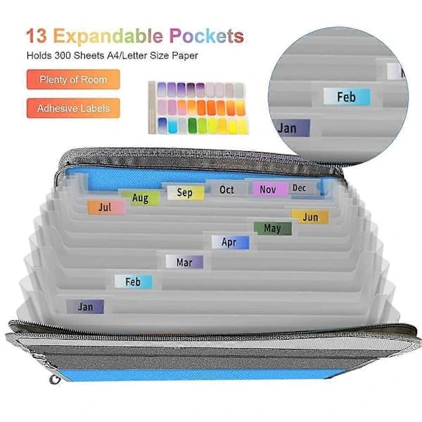 Expanding Document Folder, 13 Pockets Zipper Accordion Folder with Tabs, Expandable Document Wallet Accordion Organizer, Blue