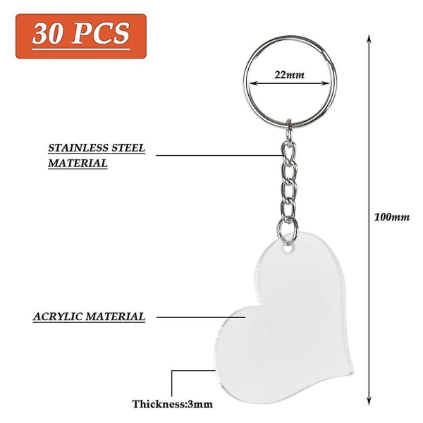 30 Set Nyckelringar DIY-Set Akryl Nyckelringssats Hjärtaformad Nyckelring Kedja Nyckelringstillbehör Kompatibel med DIY