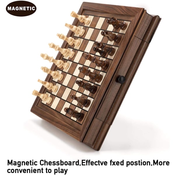 Magnetisk set i trä, Schackbrädspel med 2 inbyggda förvaringslådor - 2 extra bonusdamer - Schack för nybörjare,