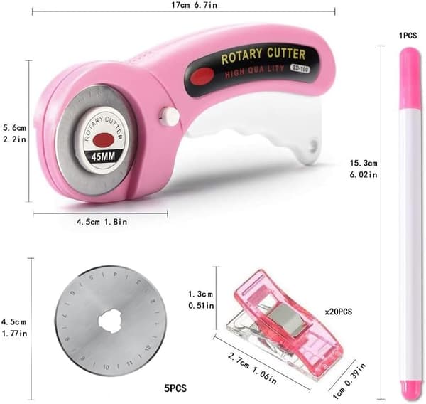 4-piece Rotary Cutter for Fabric, Ergonomic Handle, Rotary Tool, Safety Lock, and 20 Sewing Clips, Suitable for Fabrics, Leather, Crafts, Sewing