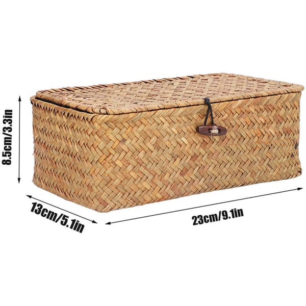 Rectangular Woven Seagrass Storage Baskets with Lid, Hand-Woven for Shelves, Office, Home (Natural, Size S)